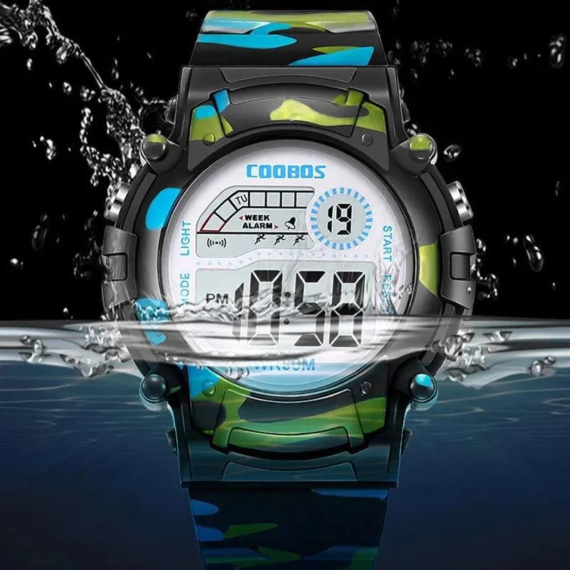 COOBOS Kids Waterproof LED Sports Watch: Active Navy Blue Camo Style