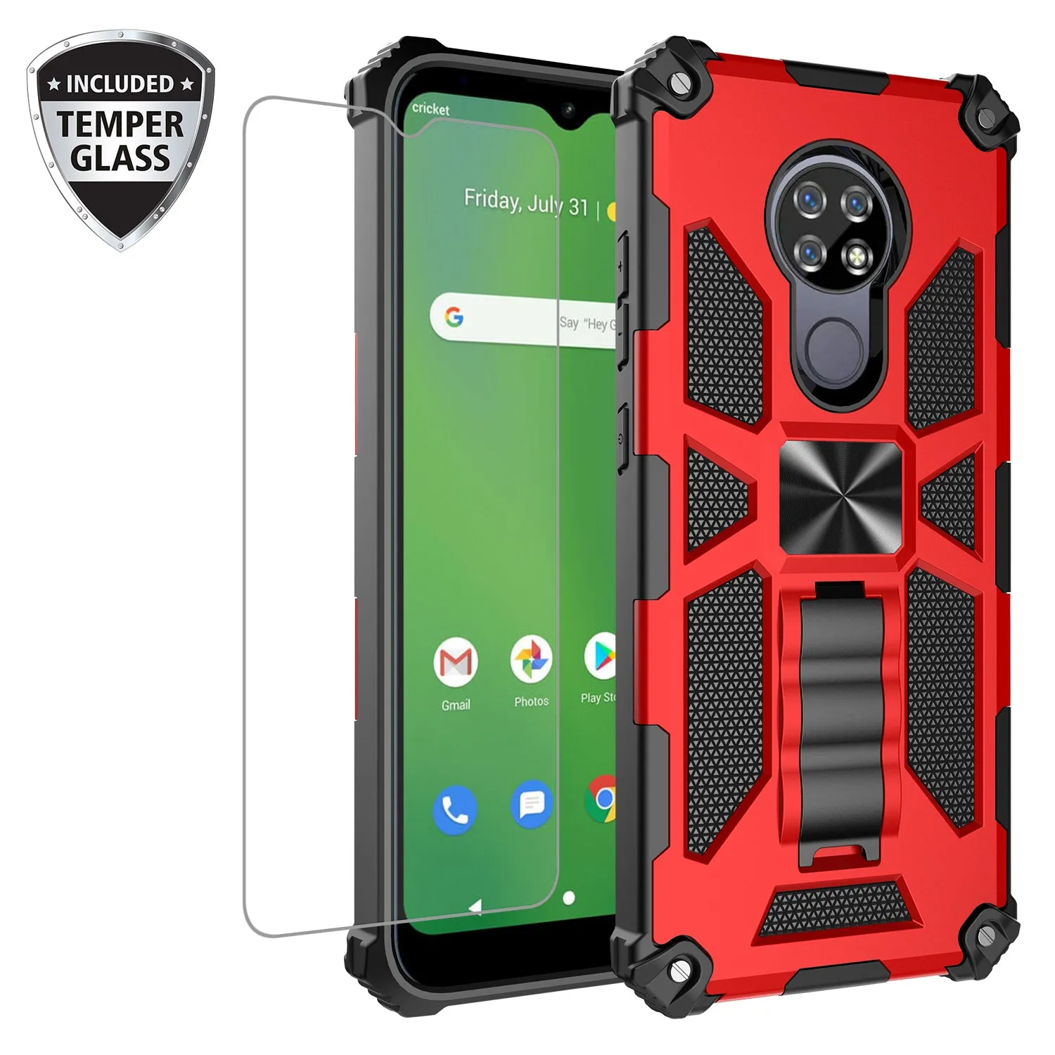 Cricket Ovation Case/AT&T Radiant Max Case [Military Grade] Ring Car Mount Kickstand Hybrid Hard PC Soft TPU Shockproof Protective Case - Red