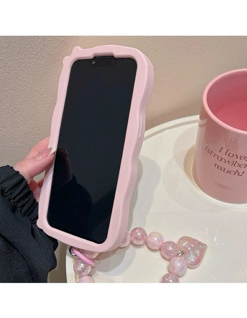 Cute Baby Pink 3D Heart with Wings Design Protective Shockproof iPhone Case   Pearlescent Bead Strap for iPhone 11 12 13 14 15 Pro Max