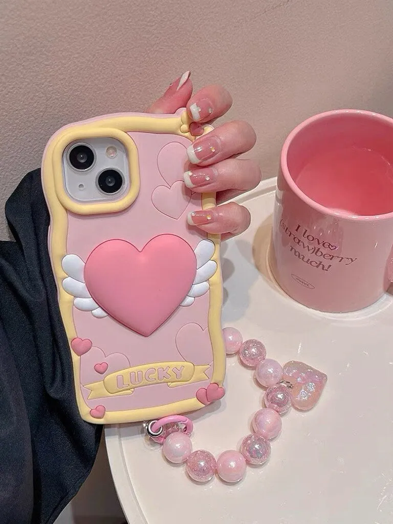 Cute Baby Pink 3D Heart with Wings Design Protective Shockproof iPhone Case   Pearlescent Bead Strap for iPhone 11 12 13 14 15 Pro Max