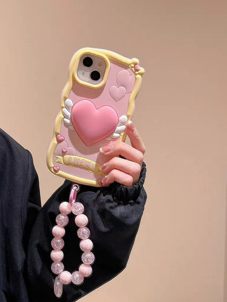 Cute Baby Pink 3D Heart with Wings Design Protective Shockproof iPhone Case   Pearlescent Bead Strap for iPhone 11 12 13 14 15 Pro Max