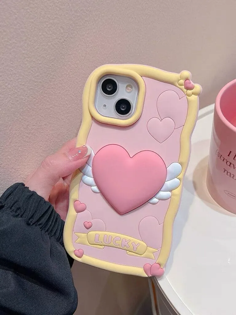 Cute Baby Pink 3D Heart with Wings Design Protective Shockproof iPhone Case   Pearlescent Bead Strap for iPhone 11 12 13 14 15 Pro Max