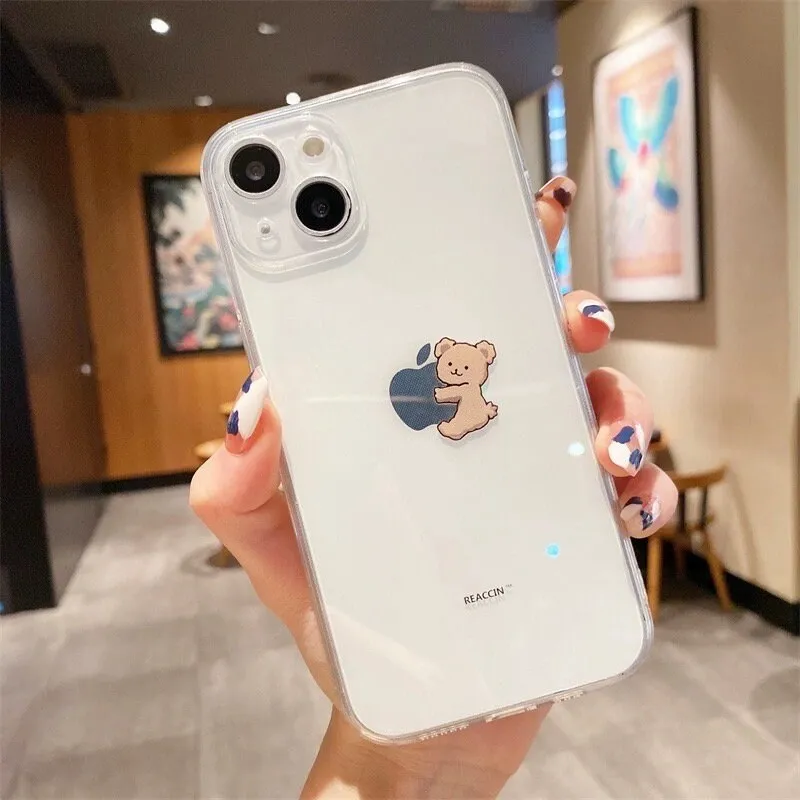 Cute Clear Transparent Brown Kawaii Cartoon Bear Protective Shockproof Anti-Fall iPhone Case for iPhone 11 12 13 14 15 Plus Pro Max