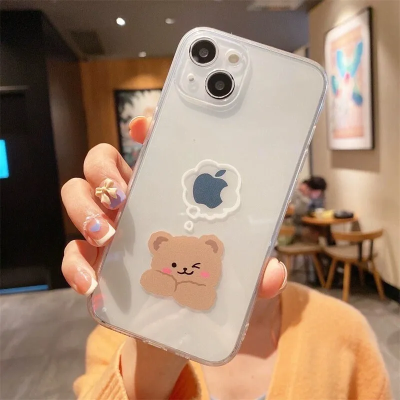 Cute Clear Transparent Brown Kawaii Cartoon Bear Protective Shockproof Anti-Fall iPhone Case for iPhone 11 12 13 14 15 Plus Pro Max