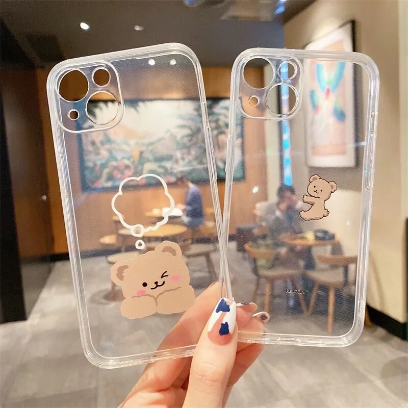 Cute Clear Transparent Brown Kawaii Cartoon Bear Protective Shockproof Anti-Fall iPhone Case for iPhone 11 12 13 14 15 Plus Pro Max