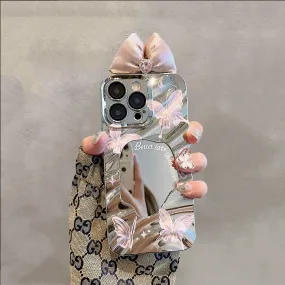 Cute Silver 3D Water Ripple Wave with Pink Bow Ribbon Decor Design Protective Shockproof iPhone Case for iPhone 11 12 13 14 15 Plus Pro Max