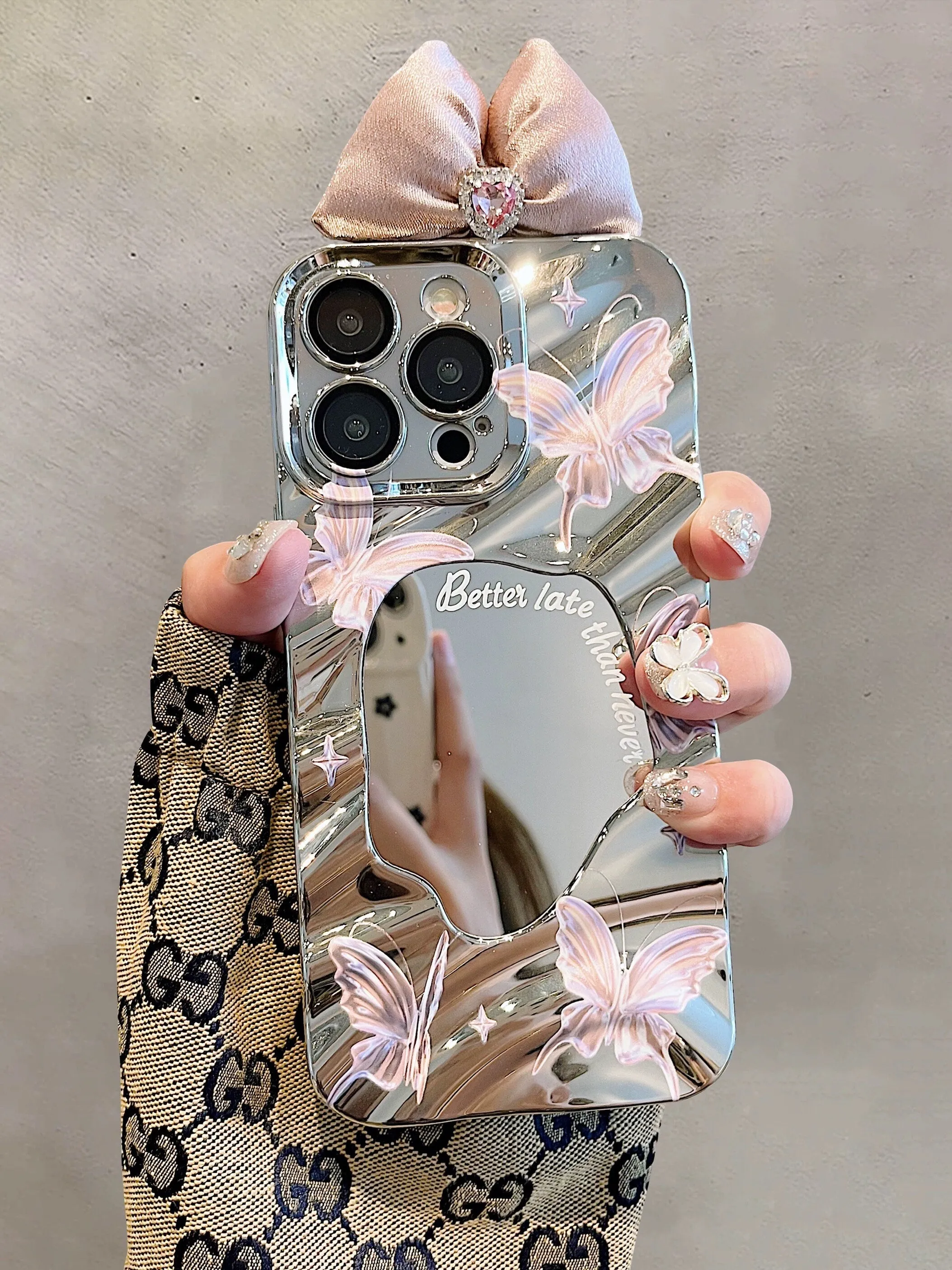 Cute Silver 3D Water Ripple Wave with Pink Bow Ribbon Decor Design Protective Shockproof iPhone Case for iPhone 11 12 13 14 15 Plus Pro Max