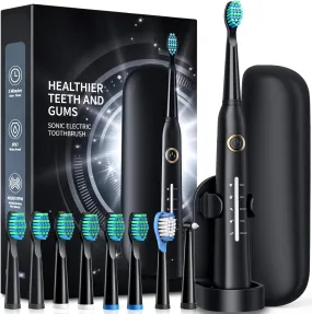 Electric Toothbrush for Adults with Travel Case, Electric Toothbrush with 8 Brush Heads, 40,000 VPM Deep Cleaning, 5 Modes (1-Black, with Travel Case)