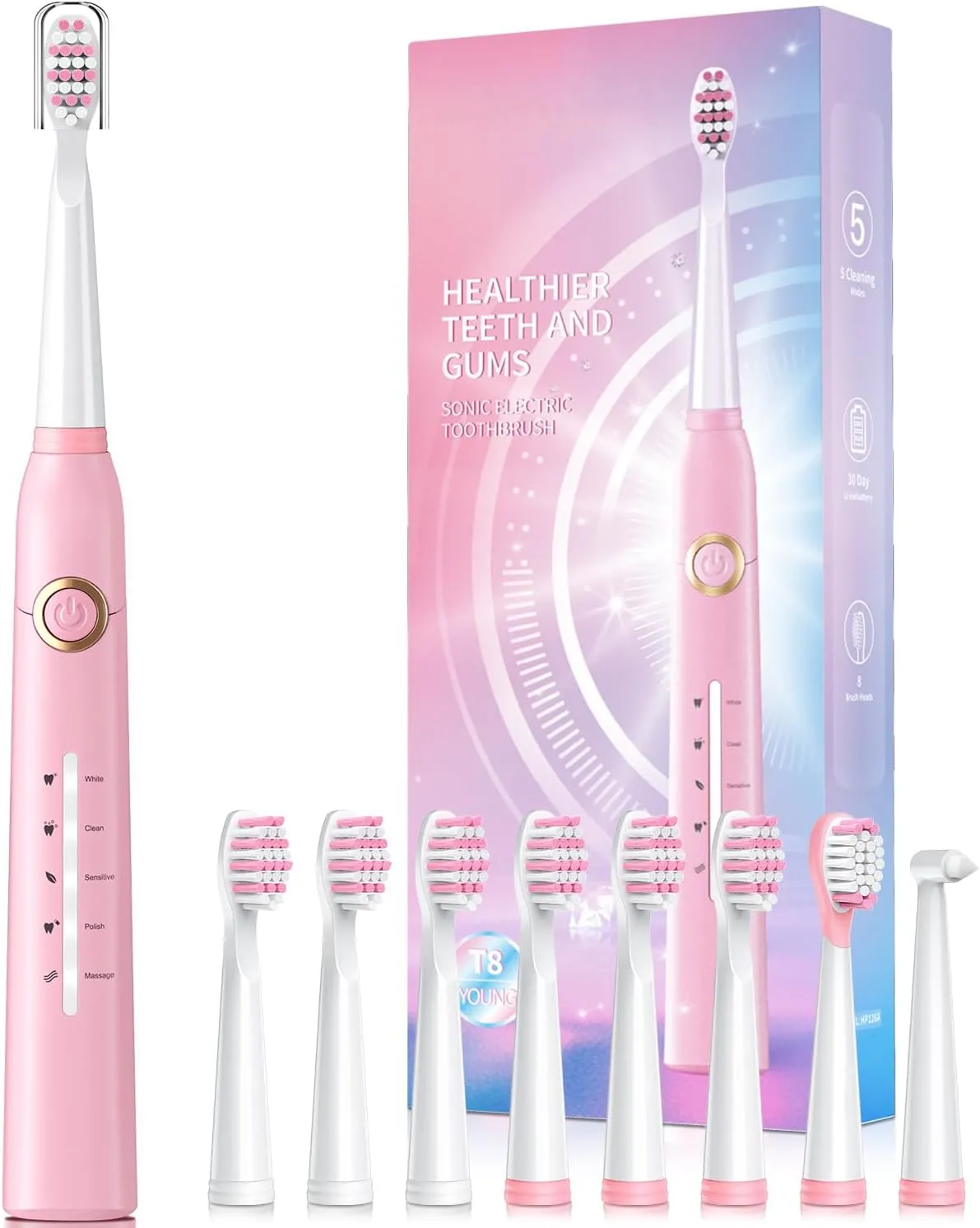 Electric Toothbrush, Sonic Toothbrushes with 8 Brush Heads 40000 VPM 5 Modes, Sonic Toothbrushes Fast Charge 4 Hours Last 30 Days, Rechargeable Electric Toothbrush for Adult