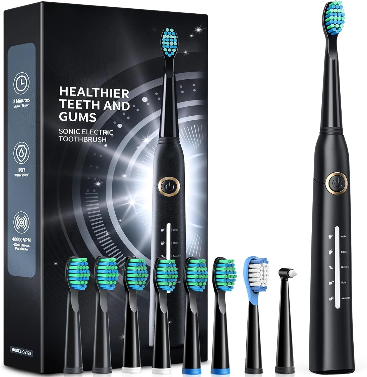 Electric Toothbrush, Sonic Toothbrushes with 8 Brush Heads 40000 VPM 5 Modes, Sonic Toothbrushes Fast Charge 4 Hours Last 30 Days, Rechargeable Electric Toothbrush for Adult