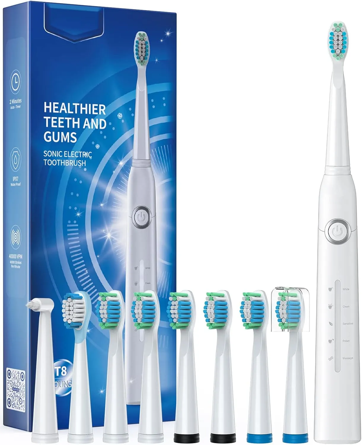 Electric Toothbrush, Sonic Toothbrushes with 8 Brush Heads 40000 VPM 5 Modes, Sonic Toothbrushes Fast Charge 4 Hours Last 30 Days, Rechargeable Electric Toothbrush for Adult