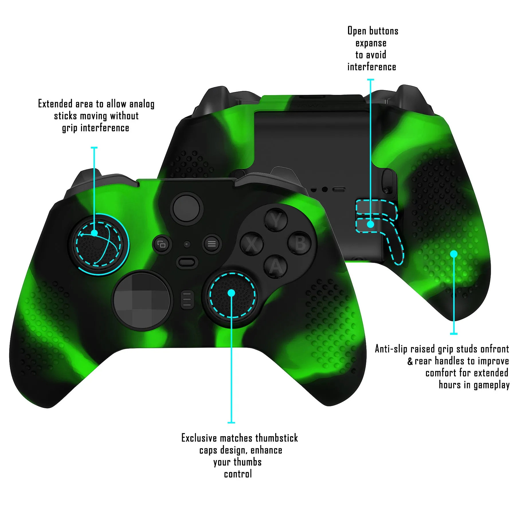 eXtremeRate PlayVital Green & Black Soft Anti-Slip Silicone Cover Skins, Controller Protective Case for New Xbox One Elite Series 2 (Model 1797 and Core Model 1797) with Thumb Grips Analog Caps - XBOWP0063GC