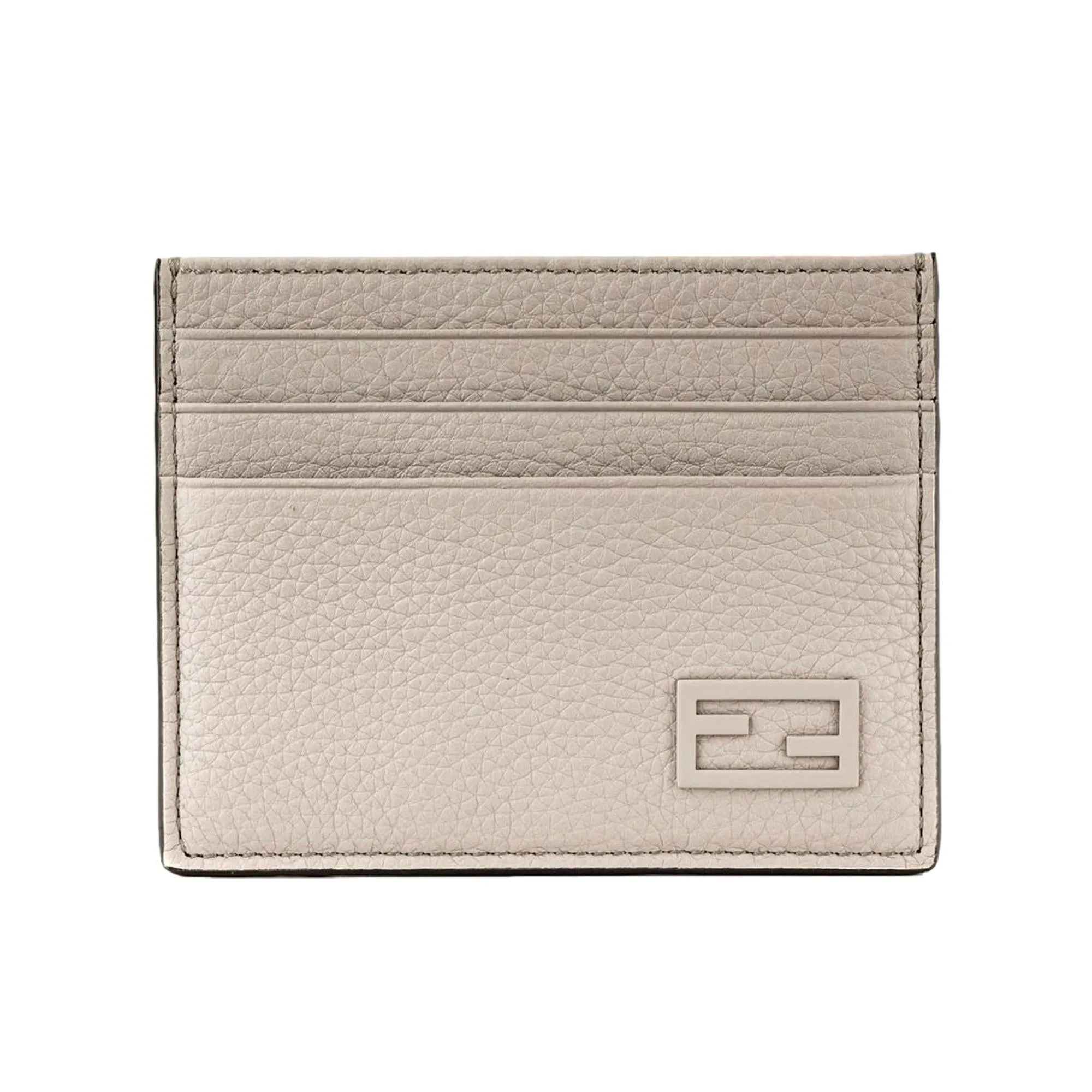 Fendi FF Logo Light Gray and Blue Pebbled Calf Leather Card Case Wallet