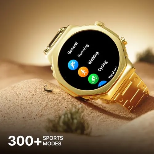 Fire-Boltt Onyx- 36.3mm AMOLED Always On Display Smart Watch, 466 * 466 High Resolution, Bluetooth Calling, Steel Design, IP67, 4GB Storage, 300  Sports Modes, 130  Watch Faces (Gold)