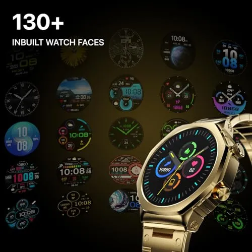 Fire-Boltt Onyx- 36.3mm AMOLED Always On Display Smart Watch, 466 * 466 High Resolution, Bluetooth Calling, Steel Design, IP67, 4GB Storage, 300  Sports Modes, 130  Watch Faces (Gold)