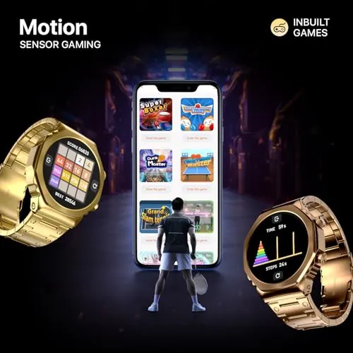 Fire-Boltt Onyx- 36.3mm AMOLED Always On Display Smart Watch, 466 * 466 High Resolution, Bluetooth Calling, Steel Design, IP67, 4GB Storage, 300  Sports Modes, 130  Watch Faces (Gold)