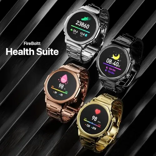 Fire-Boltt Onyx- 36.3mm AMOLED Always On Display Smart Watch, 466 * 466 High Resolution, Bluetooth Calling, Steel Design, IP67, 4GB Storage, 300  Sports Modes, 130  Watch Faces (Gold)