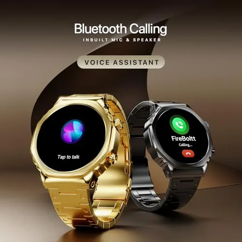 Fire-Boltt Onyx- 36.3mm AMOLED Always On Display Smart Watch, 466 * 466 High Resolution, Bluetooth Calling, Steel Design, IP67, 4GB Storage, 300  Sports Modes, 130  Watch Faces (Gold)