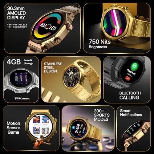 Fire-Boltt Onyx- 36.3mm AMOLED Always On Display Smart Watch, 466 * 466 High Resolution, Bluetooth Calling, Steel Design, IP67, 4GB Storage, 300  Sports Modes, 130  Watch Faces (Gold)