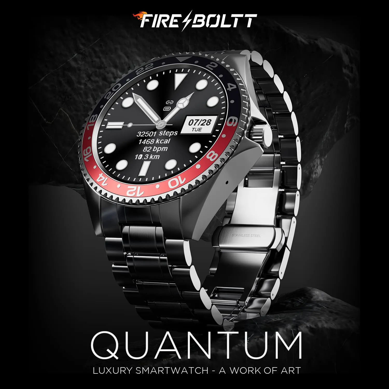 Fire-Boltt Quantum Luxury Stainless Steel Design 1.28" Bluetooth Calling Smartwatch with High Resolution of 240 * 240 Px & TWS Connection, SpO2 Tracking with 100 Sports Modes (Black Red)