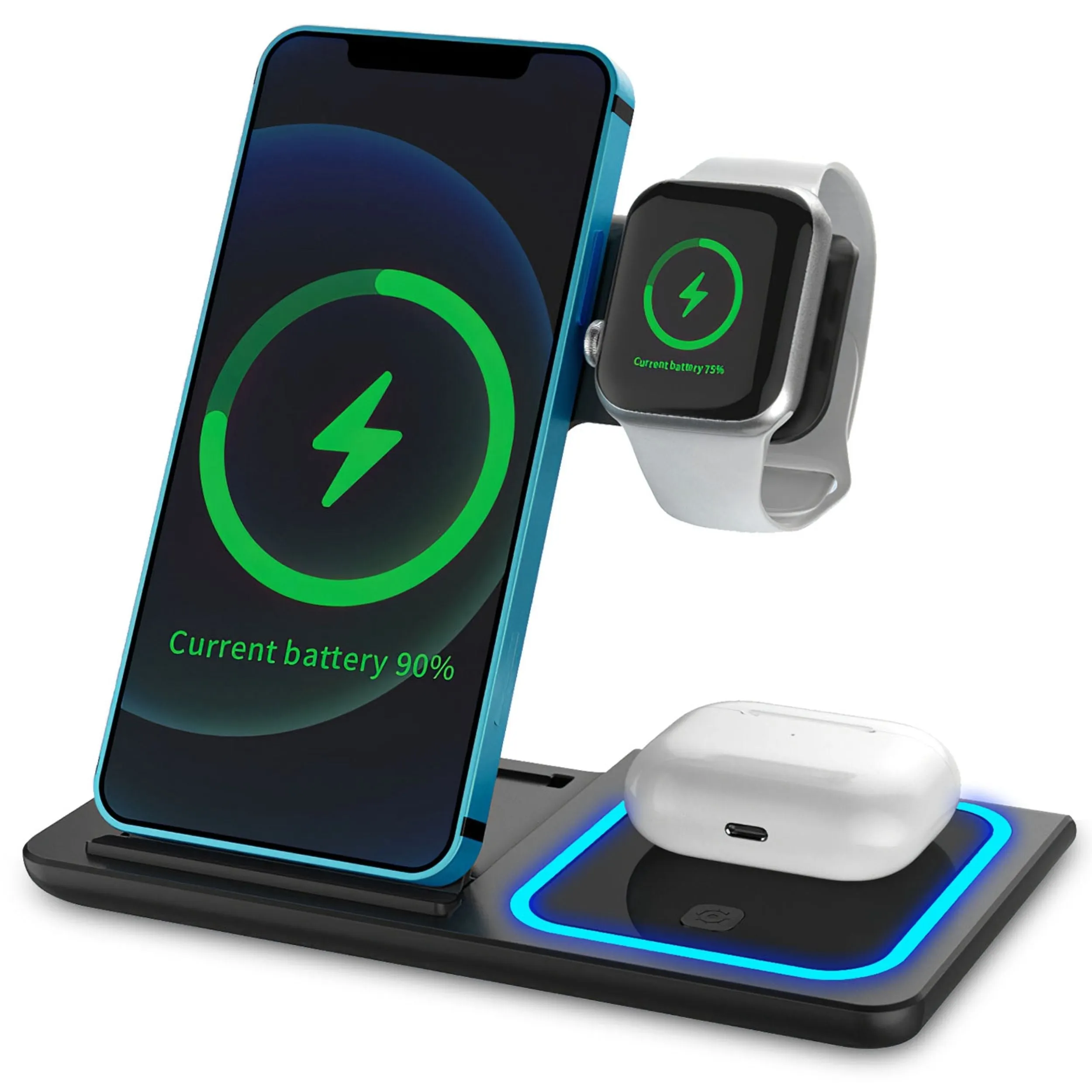 Foldable 3-in-1 Wireless Charger: Fast Charging Stand for iPhone 13/12/11 Pro, Samsung S22/S21, Qi-enabled Android Phone & Earbuds