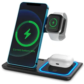 Foldable 3-in-1 Wireless Charger: Fast Charging Stand for iPhone 13/12/11 Pro, Samsung S22/S21, Qi-enabled Android Phone & Earbuds