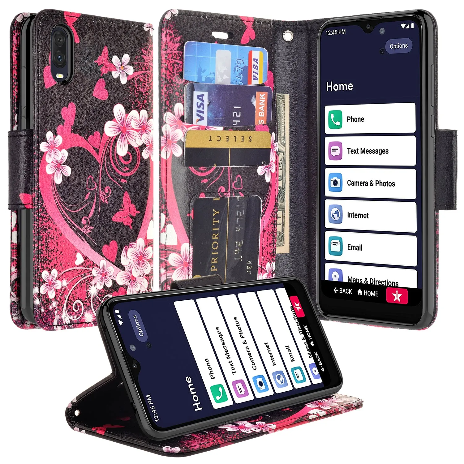 For Alcatel Jitterbug Smart3 Case, Lively Smart Wallet Case, Wrist Strap Pu Leather Wallet Case [Kickstand] with ID & Credit Card Slots - Heart Butterflies