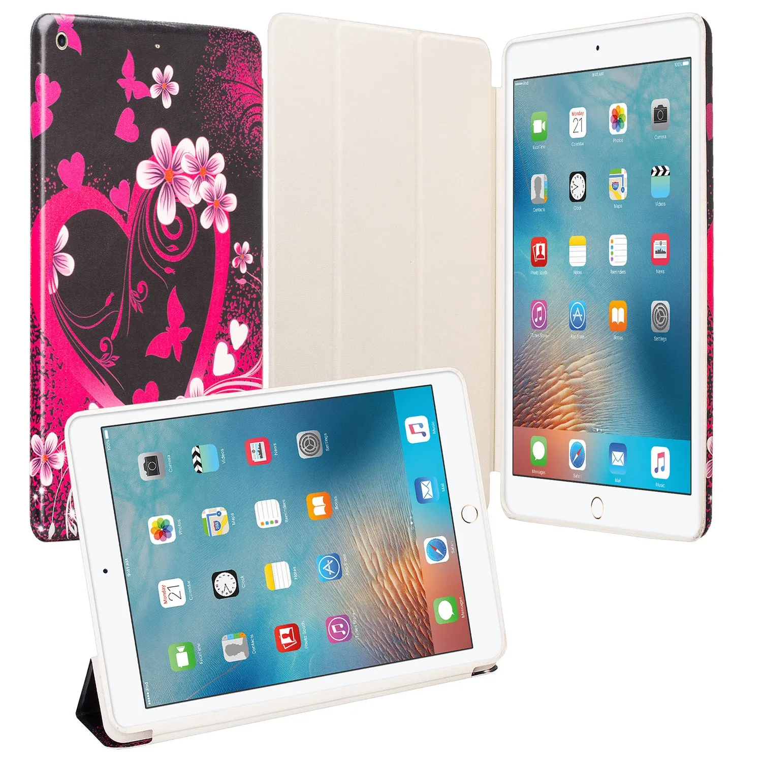 For Apple iPad 9.7 Inch 2017 - Premium PU Leather Folio Smart Cover w/Auto Sleep/Wake for iPad 9.7 In 2017 Release - Heart Butterflies