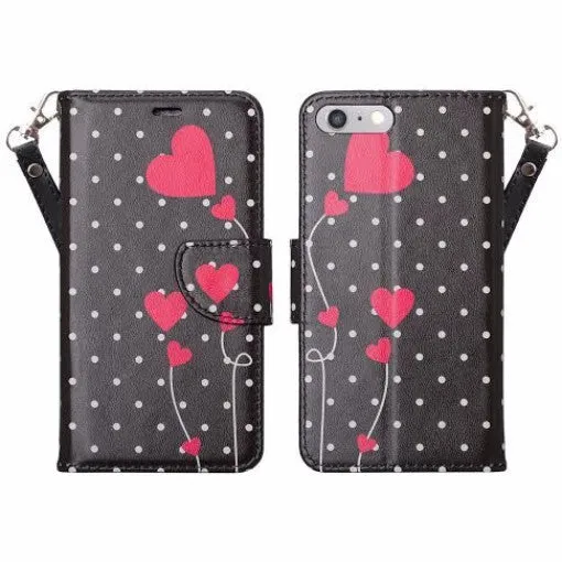 For Apple iPhone 7 Case,  Wrist Strap Pu Leather Magnetic Flip Fold[Kickstand] Wallet Case with ID & Card Slots for Iphone 7 - Polka Dots Hearts