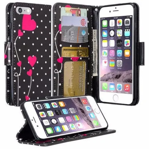 For Apple iPhone 7 Case,  Wrist Strap Pu Leather Magnetic Flip Fold[Kickstand] Wallet Case with ID & Card Slots for Iphone 7 - Polka Dots Hearts