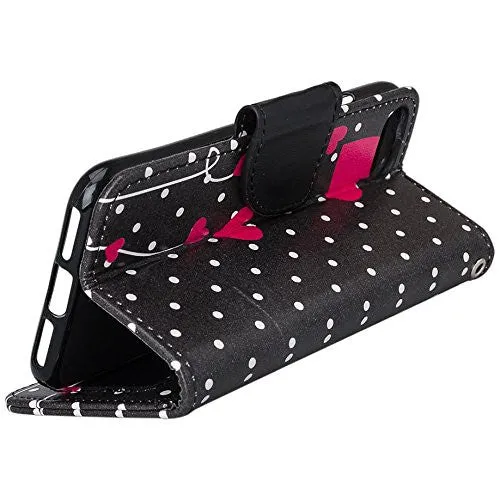 For Apple iPhone 7 Case,  Wrist Strap Pu Leather Magnetic Flip Fold[Kickstand] Wallet Case with ID & Card Slots for Iphone 7 - Polka Dots Hearts