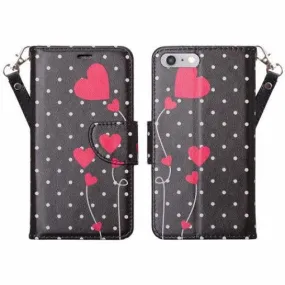 For Apple iPhone 7 Case,  Wrist Strap Pu Leather Magnetic Flip Fold[Kickstand] Wallet Case with ID & Card Slots for Iphone 7 - Polka Dots Hearts