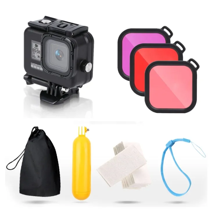 For GoPro HERO8 Black 45m Waterproof Housing Protective Case with Buckle Basic Mount & Screw & (Purple, Red, Pink) Filters & Floating Bobber Grip & Strap & Anti-Fog Inserts (Black)