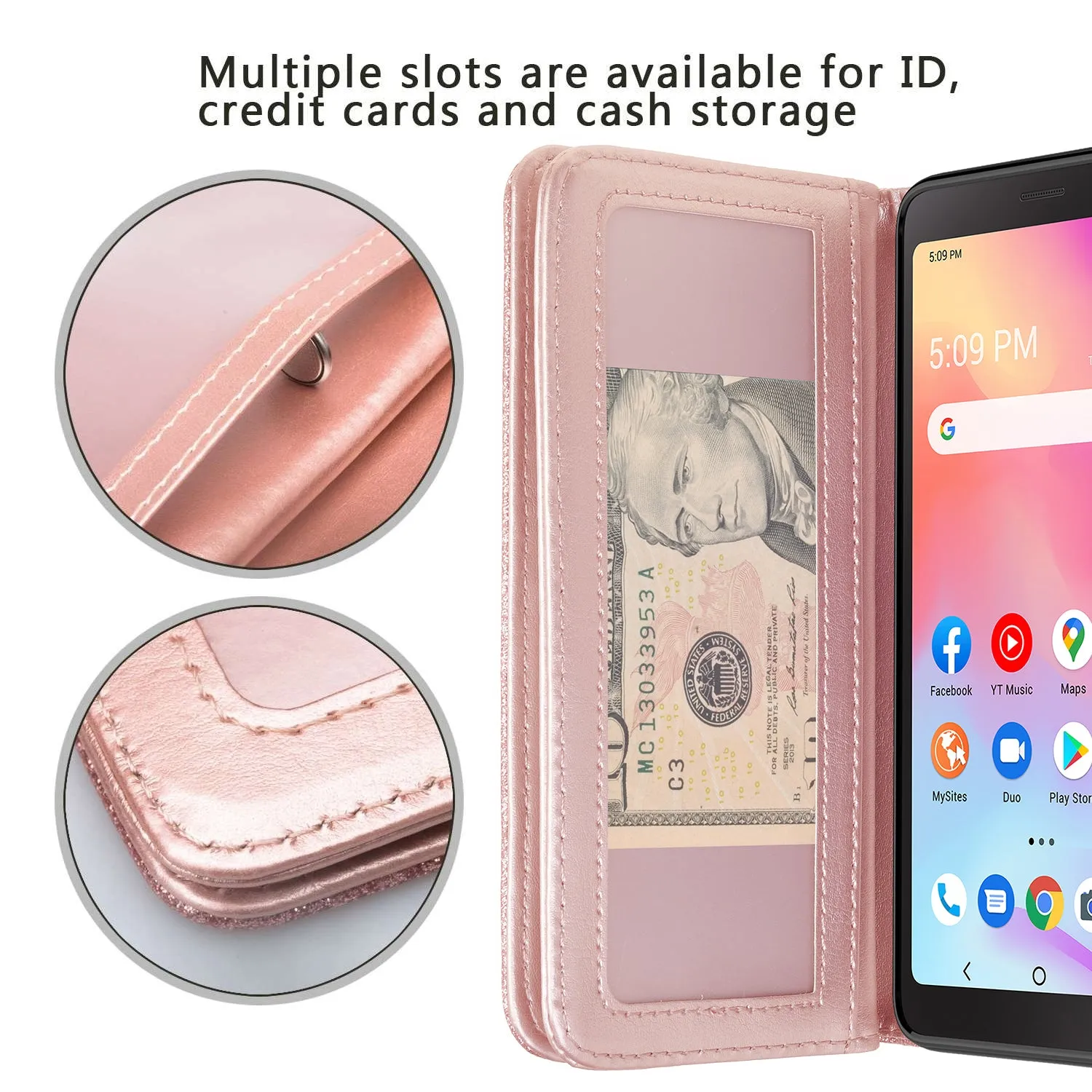 For TCL A3 Case, TCL A3 Case, Glitter Faux Leather Flip Credit Card Holder Wrist Strap Shockproof Protective Wallet Case Clutch for TCL A3 - Rose Gold