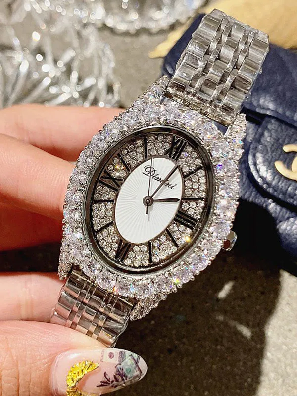 Full Diamond Oval Stainless Steel Watch