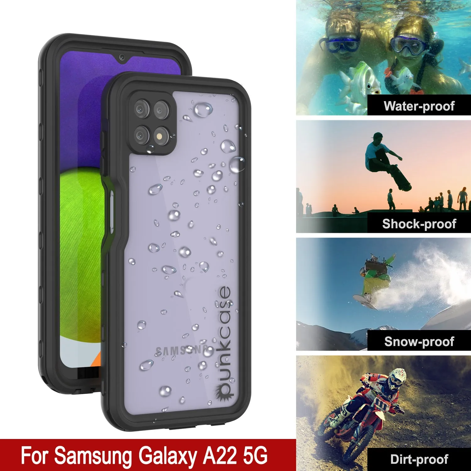 Galaxy A22 5G Waterproof Case PunkCase StudStar Black Thin 6.6ft Underwater IP68 Shock/Snow Proof