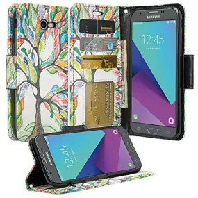 Galaxy J3 Emerge Case, Wrist Strap Magnetic Fold[Kickstand] Pu Leather Wallet Case with ID & Credit Card Slots for Samsung Galaxy J3 Emerge - Colorful Tree