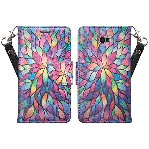 Galaxy J3 Emerge Case, Wrist Strap Magnetic Fold[Kickstand] Pu Leather Wallet Case with ID & Credit Card Slots for Samsung Galaxy J3 Emerge - Rainbow Flower