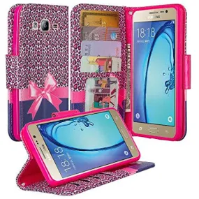 Galaxy J7 Case, Samsung Galaxy J7 Wallet Case, Wrist Strap Flip Folio [Kickstand Feature] Pu Leather Wallet Case with ID&Credit Card Slot For Galaxy J7, (Hot Pink Cheetah)