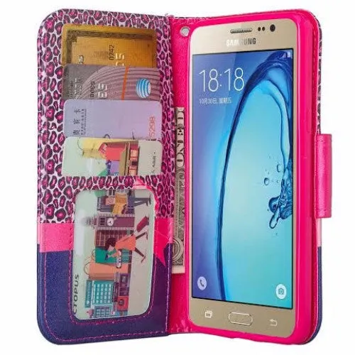 Galaxy J7 Case, Samsung Galaxy J7 Wallet Case, Wrist Strap Flip Folio [Kickstand Feature] Pu Leather Wallet Case with ID&Credit Card Slot For Galaxy J7, (Hot Pink Cheetah)