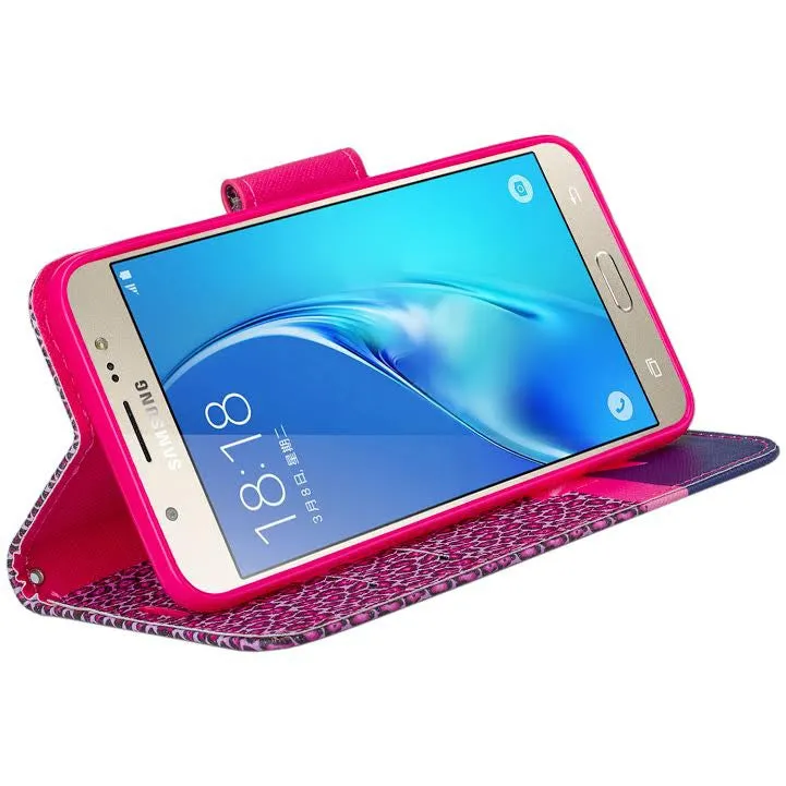 Galaxy J7 Case, Samsung Galaxy J7 Wallet Case, Wrist Strap Flip Folio [Kickstand Feature] Pu Leather Wallet Case with ID&Credit Card Slot For Galaxy J7, (Hot Pink Cheetah)