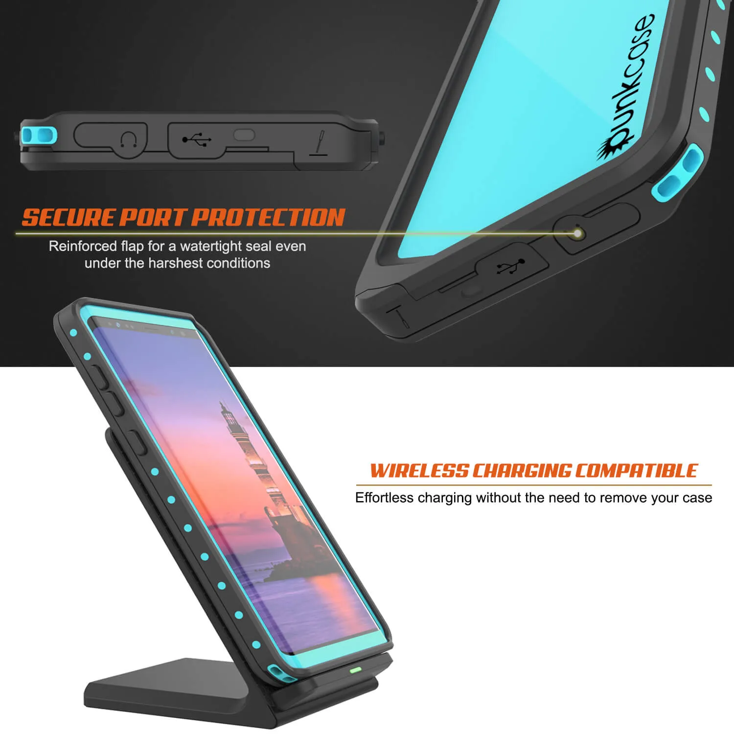 Galaxy Note 9 Waterproof Case, Punkcase Studstar Series Teal Thin Armor Cover