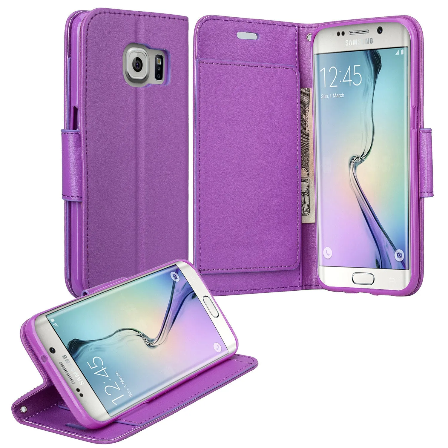 Galaxy S7 Case, Double Fold Wallet Case, Wrist Strap Flip Folio [Kickstand Feature] Pu Leather Wallet Case with ID & Credit Card Slot For Galaxy S7 - Purple