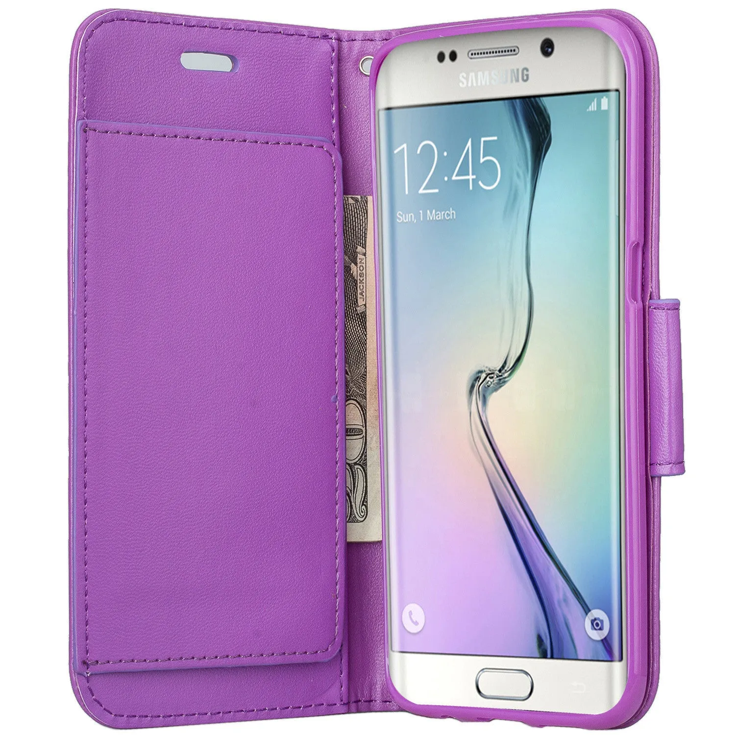 Galaxy S7 Case, Double Fold Wallet Case, Wrist Strap Flip Folio [Kickstand Feature] Pu Leather Wallet Case with ID & Credit Card Slot For Galaxy S7 - Purple