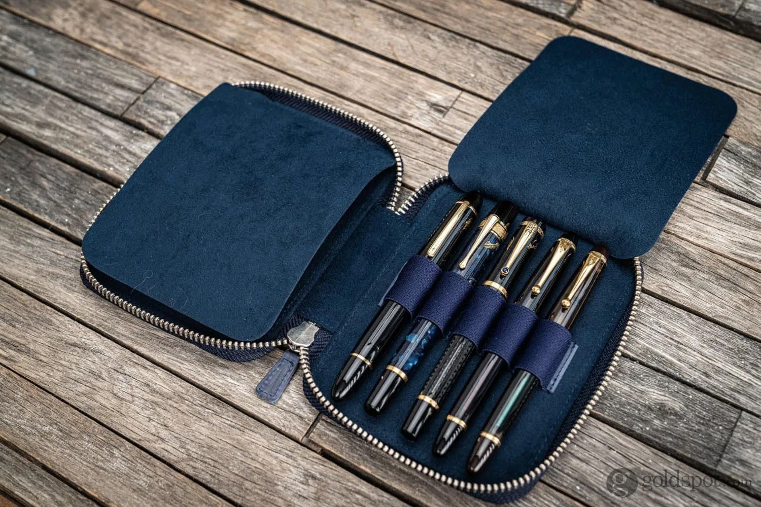 Galen Leather Pen Case Zippered 10 Slots in Crazy Horse Navy Blue