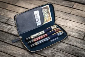 Galen Leather Zippered Three Pen Case in Navy Blue