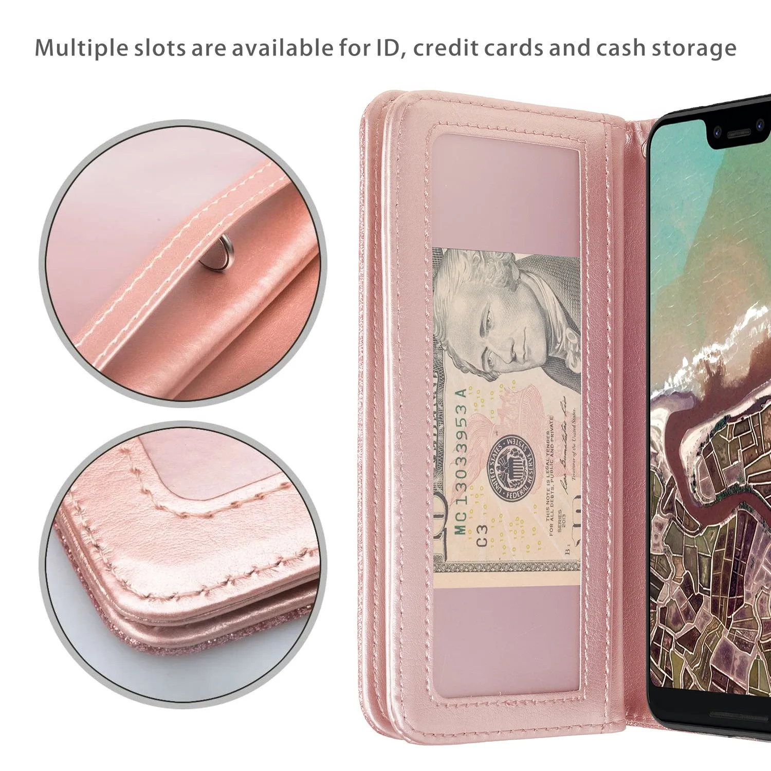 Google Pixel 3a XL Case, Pixel 3a XL Case, Glitter Faux Leather Flip Credit Card Holder Wrist Strap Shockproof Protective Wallet Case Clutch for Google Pixel 3a XL - Rose Gold