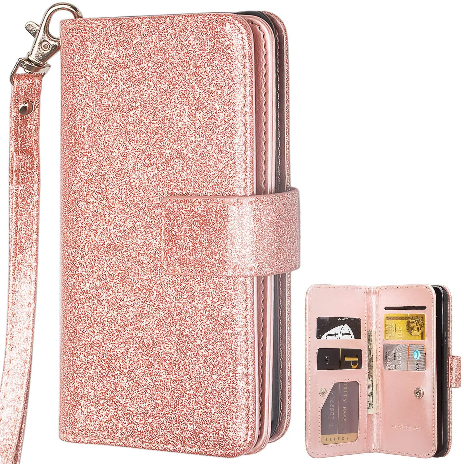 Google Pixel 3a XL Case, Pixel 3a XL Case, Glitter Faux Leather Flip Credit Card Holder Wrist Strap Shockproof Protective Wallet Case Clutch for Google Pixel 3a XL - Rose Gold