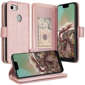 Google Pixel 3a XL Case, Pixel 3a XL Case, Glitter Faux Leather Flip Credit Card Holder Wrist Strap Shockproof Protective Wallet Case Clutch for Google Pixel 3a XL - Rose Gold