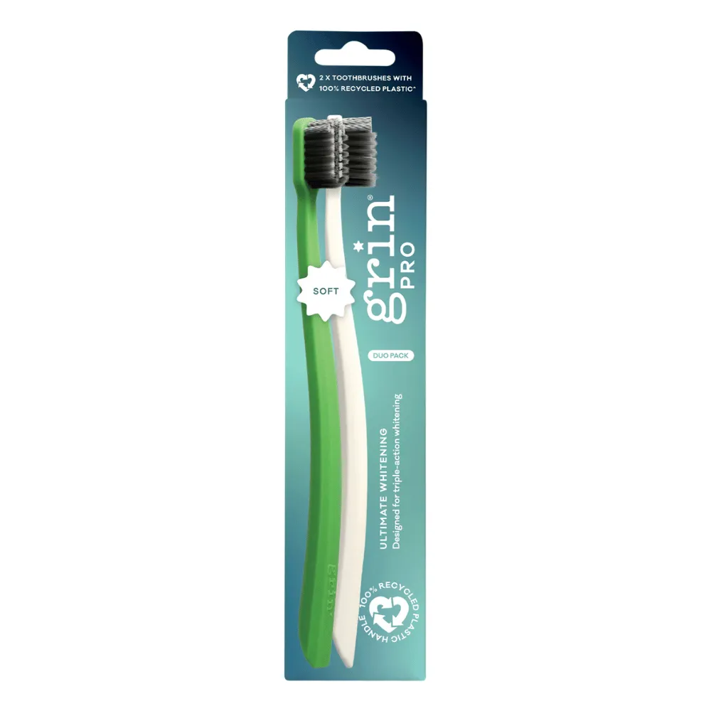 Grin Twin Pack Soft Biodegradable Toothbrush - White & Green